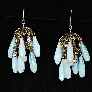 1960's Blue Tinged Lamp Work Beads & Crystal Chandelier Ear Clips - Unsigned